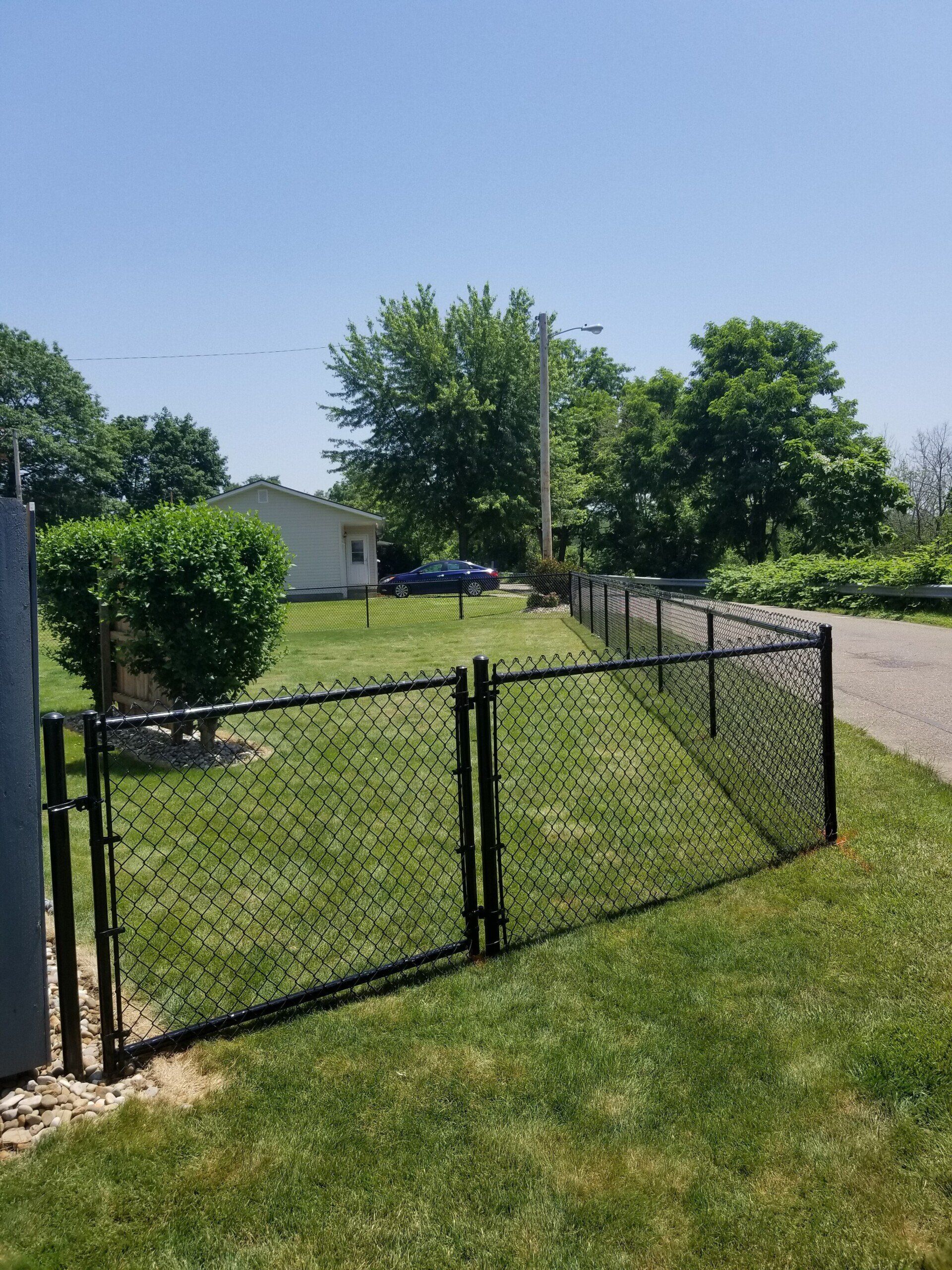 Black chain-link fence with gate in front yard with green grass and trees on a sunny day.