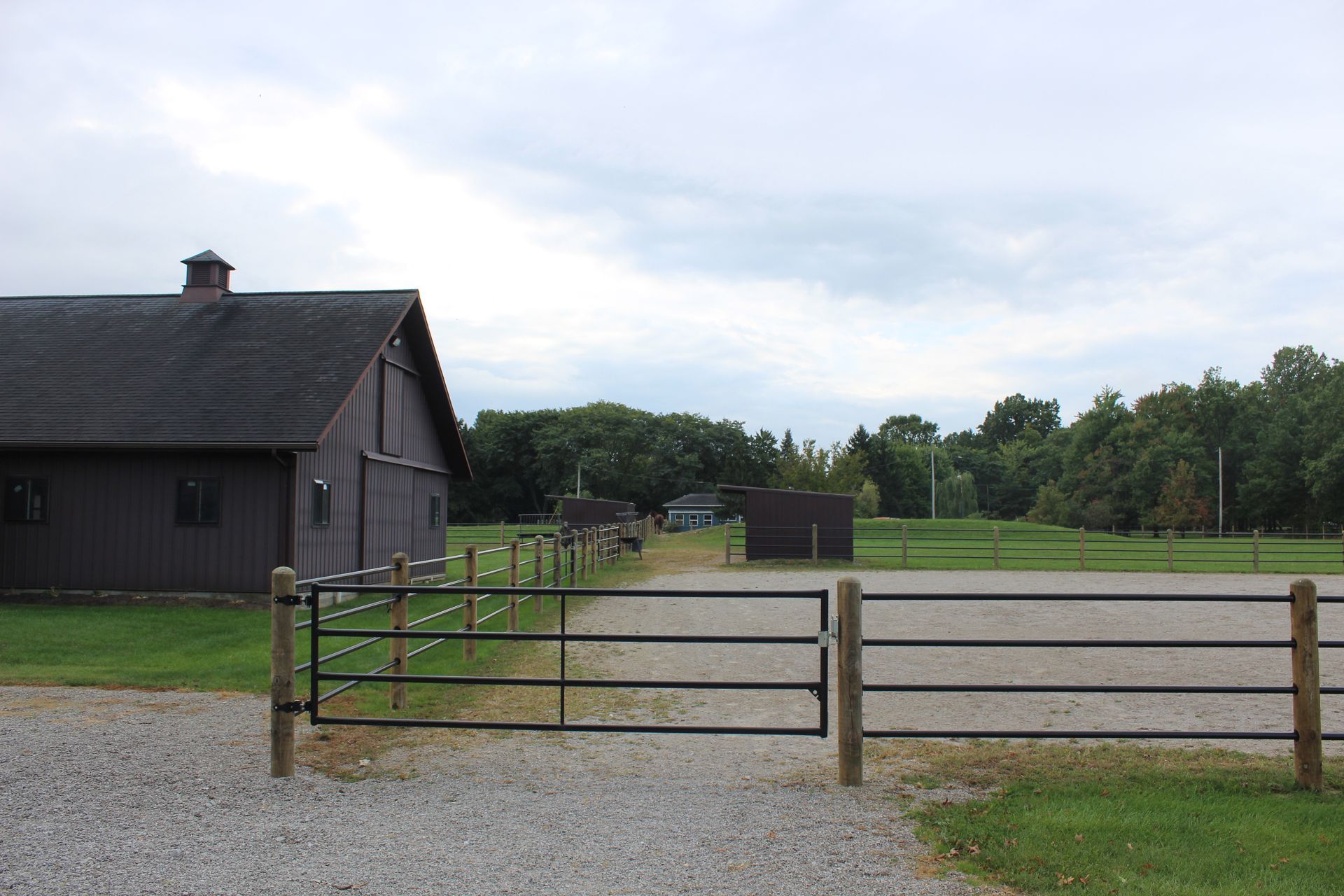 A gravel drive leads to a black metal gate and an empty riding area, barn on the left, trees in background.