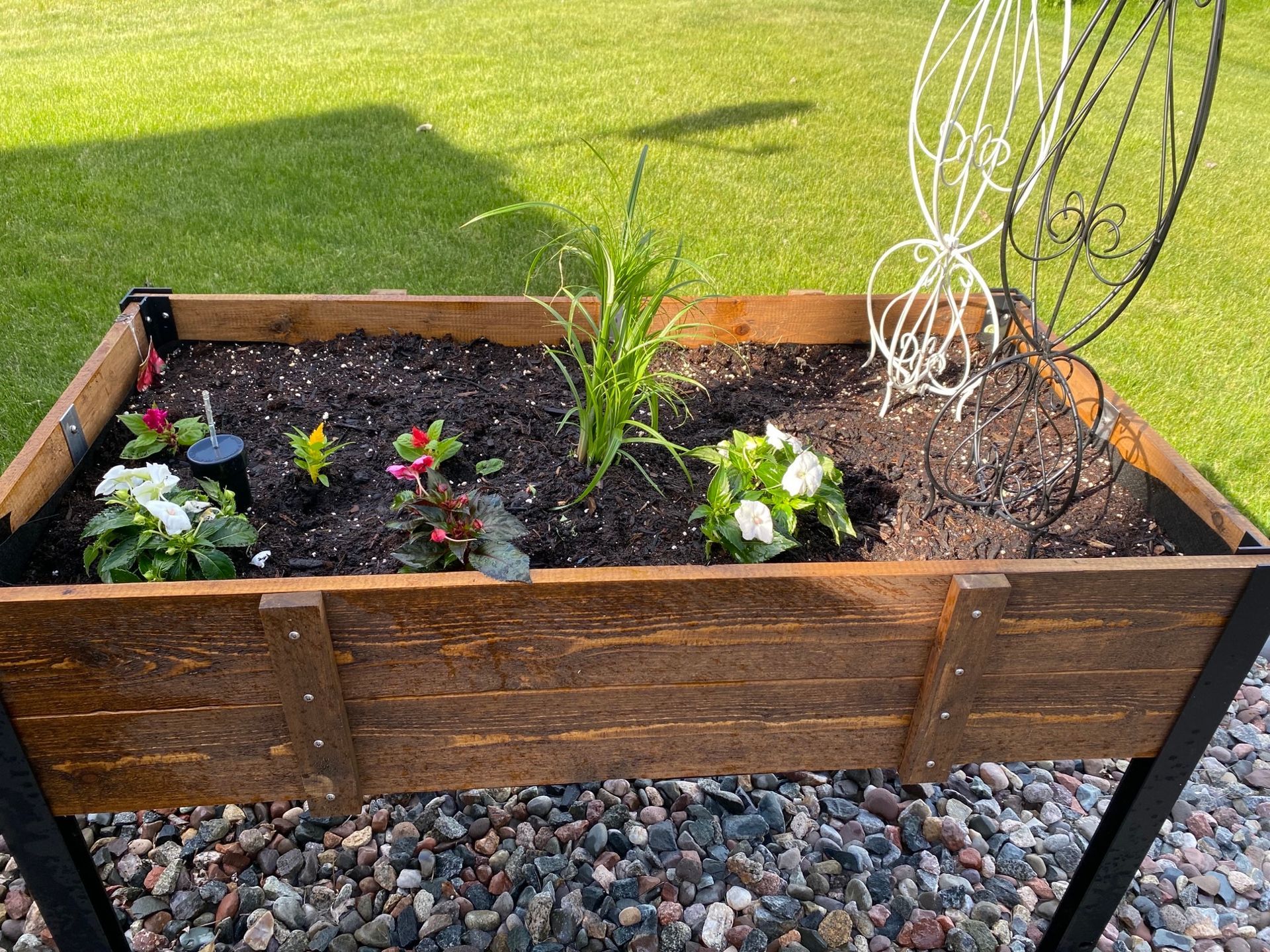 Raised wooden garden bed with various plants and decorative wire art on a green lawn.
