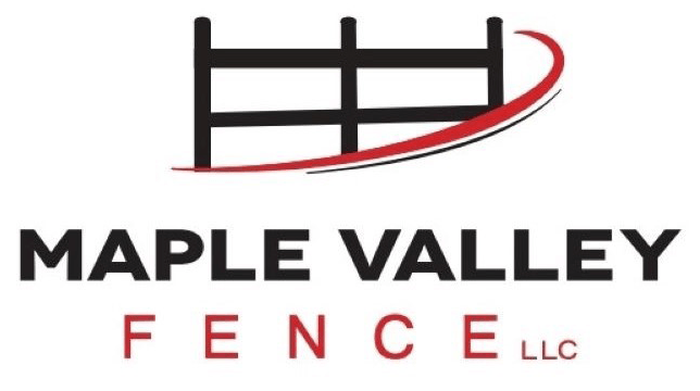 Logo for Maple Valley Fence LLC: Black fence graphic with red swoosh, company name in black and red text.