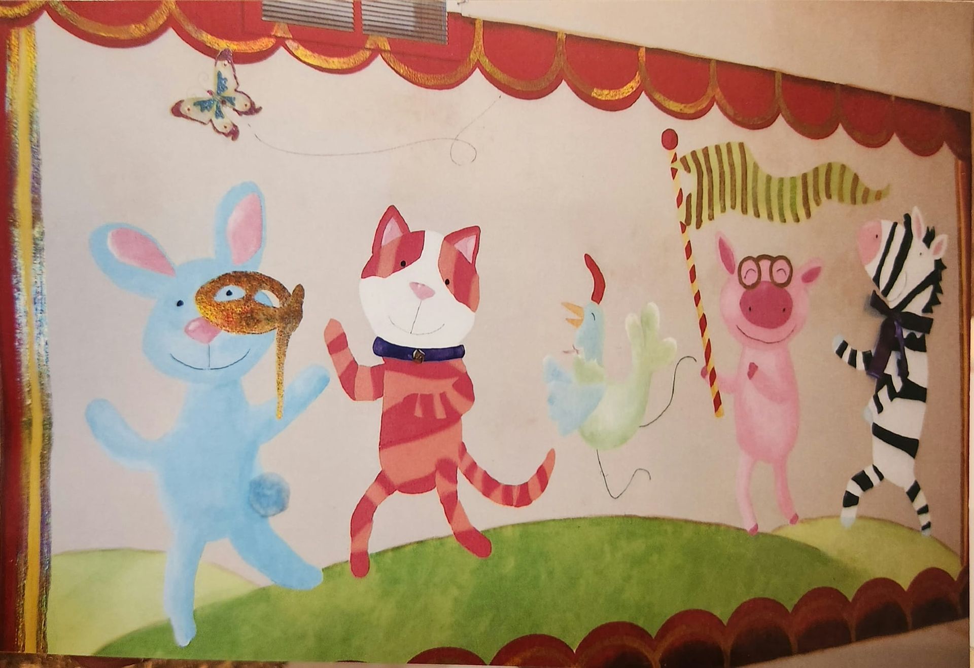 A painting of a cat a rabbit a pig and a zebra artist kids room