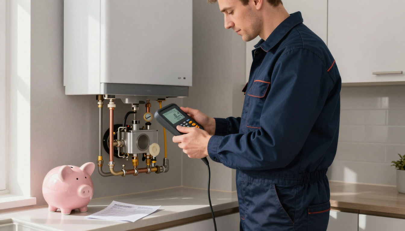 Technician inspecting a wall-mounted boiler in a kitchen beside a pink piggy bank
