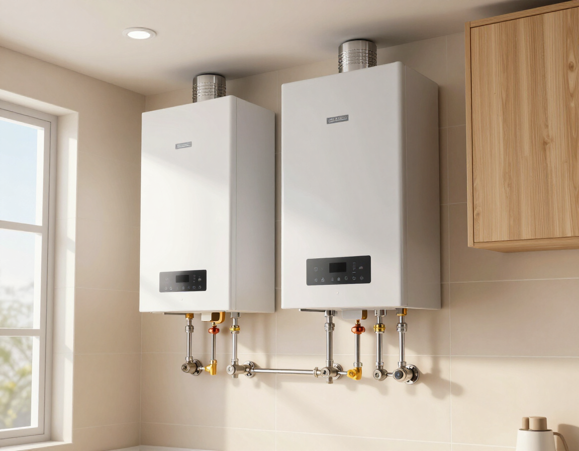 Two white wall-mounted boiler units with pipes in a bright utility room