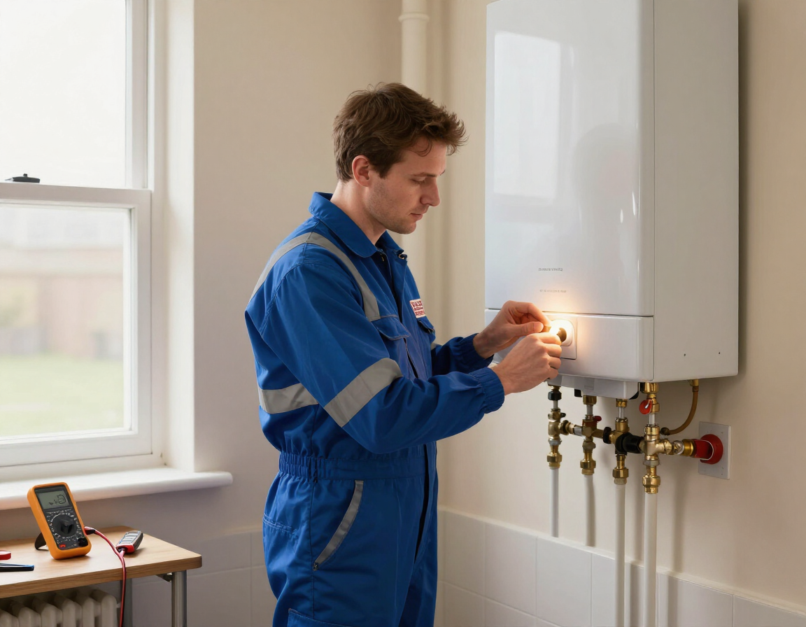 Technician in blue coveralls inspecting a wall-mounted boiler with a lighter in a utility room