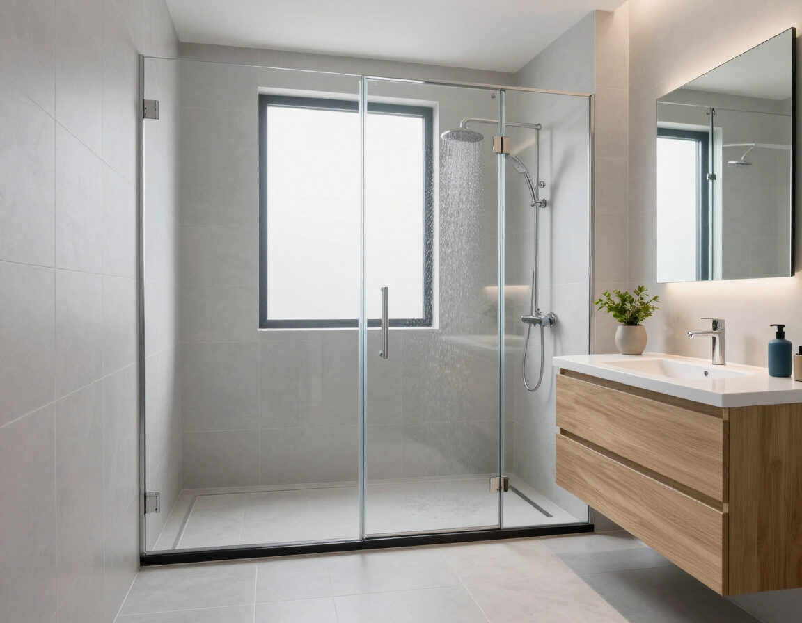Modern bathroom with glass shower enclosure, large window, and floating wood vanity with mirror.