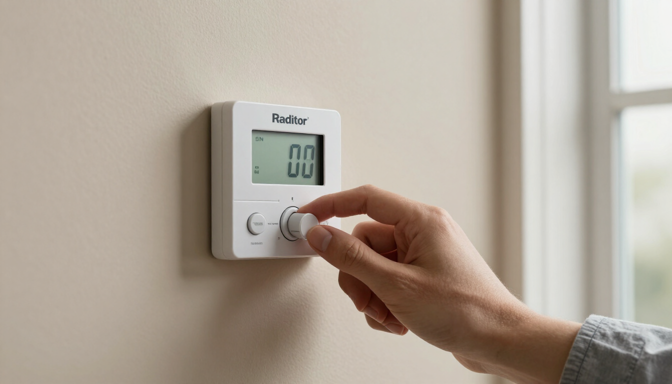 Hand turning a thermostat dial on a wall-mounted digital thermostat in a bright room
