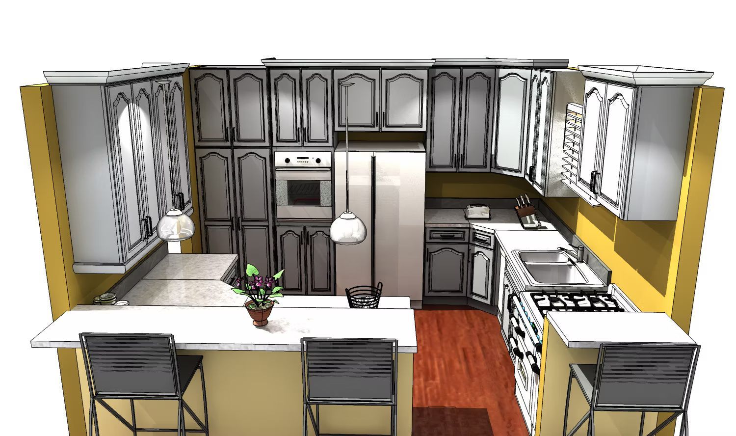 Stylized kitchen with gray cabinets, white island, wood floor, and yellow walls.