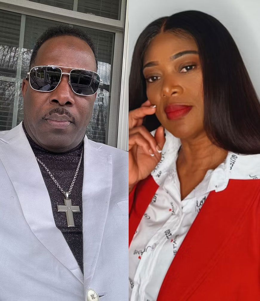 Side-by-side portraits: a man in sunglasses and white blazer, and a woman in a red blazer and white blouse.
