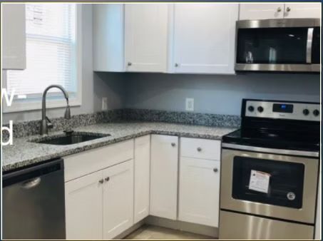 Modern kitchen with white cabinets, granite countertops, stainless steel appliances, and a sink by the window