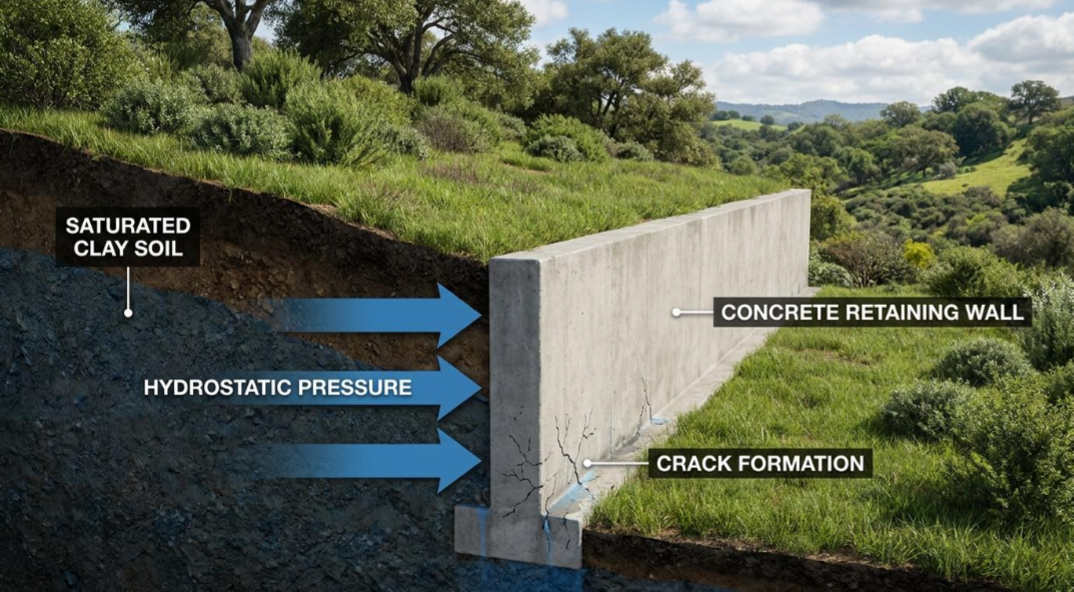 Diagram of hydrostatic pressure pushing on a concrete retaining wall beside saturated clay soil and a crack formation