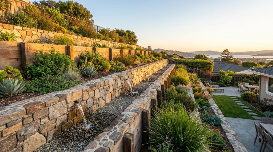 Terraced stone garden path with greenery at sunset, overlooking a coastal landscape and water.