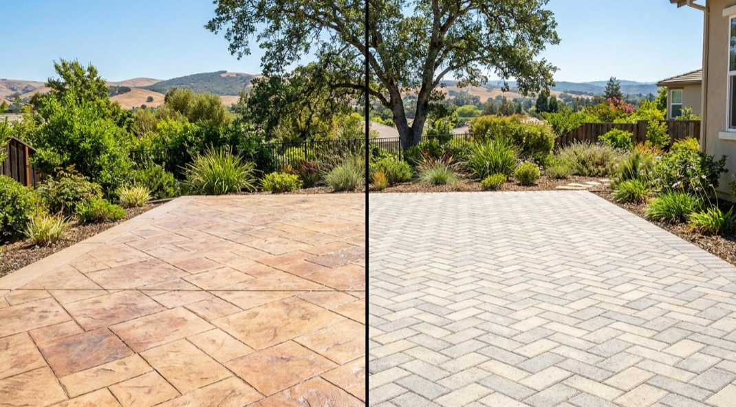 Side-by-side view of a patio before and after resurfacing, with landscaping and hills in the background