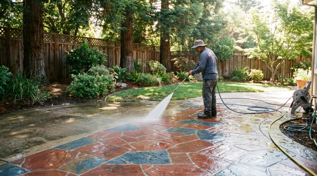 Worker pressure-washing a red brick patio in a sunny garden with trees and plants