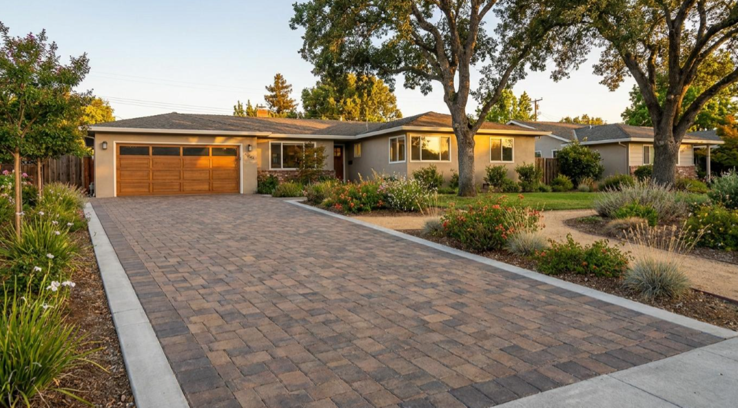 Modern house with brick driveway, garage, and landscaped front yard at sunset