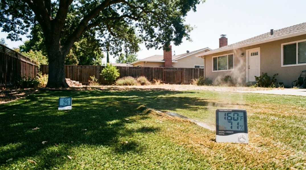 Front yard with lawn signs, a large tree, and a house in the background