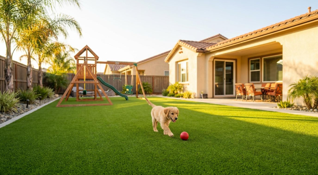 Small dog playing with a red ball on a sunny backyard lawn beside a patio and playset