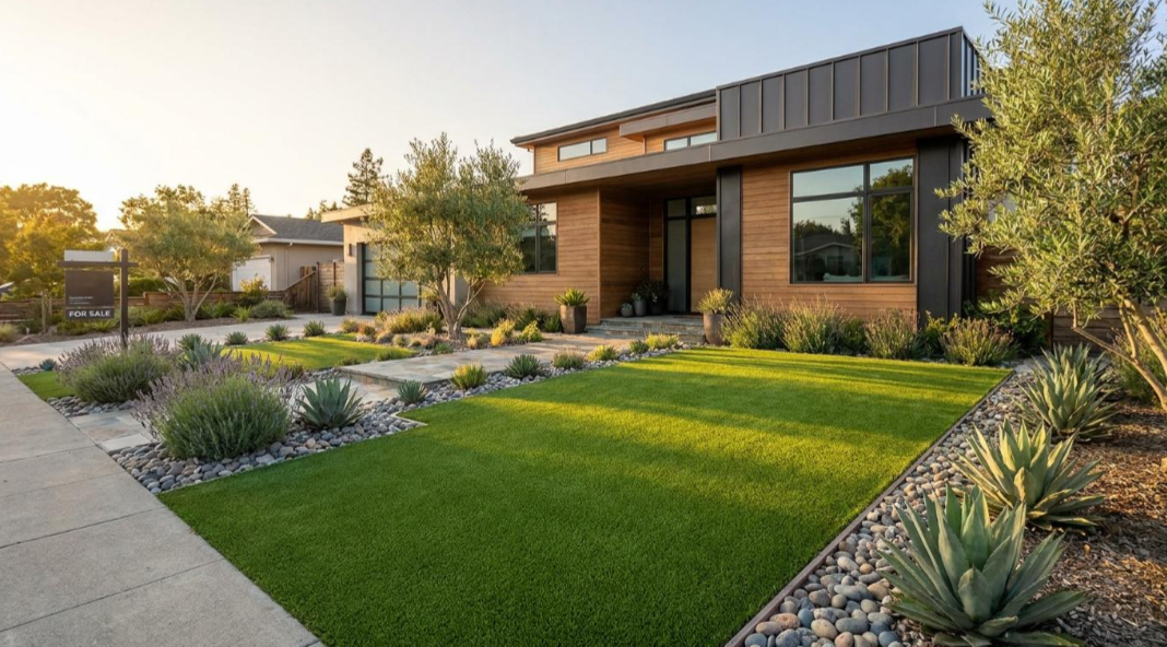 Modern house exterior with a manicured lawn, desert landscaping, and warm evening light