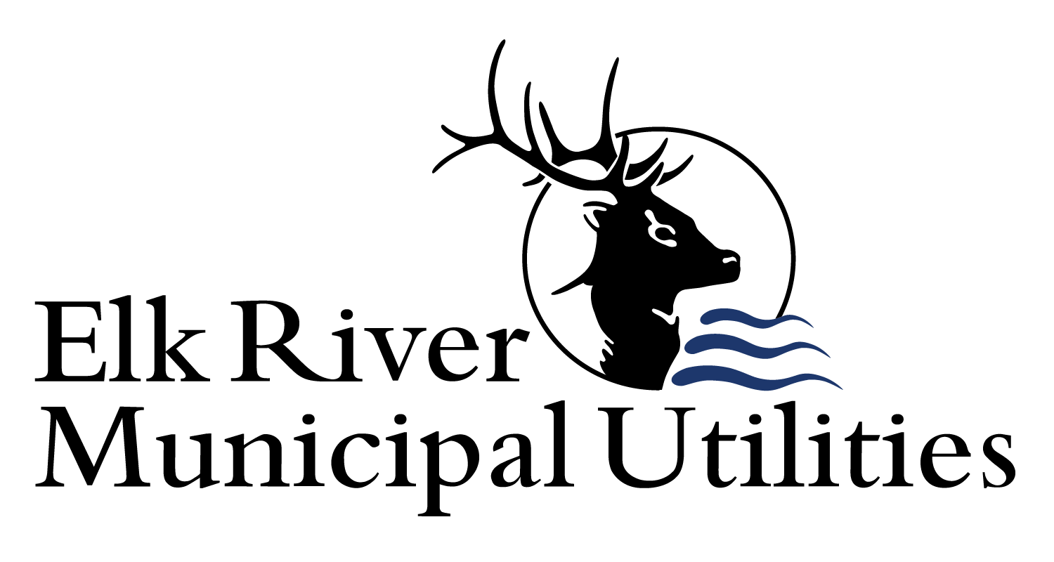 Elk River Municipal Utilities logo: silhouette of elk head inside circle, blue water waves, text below.