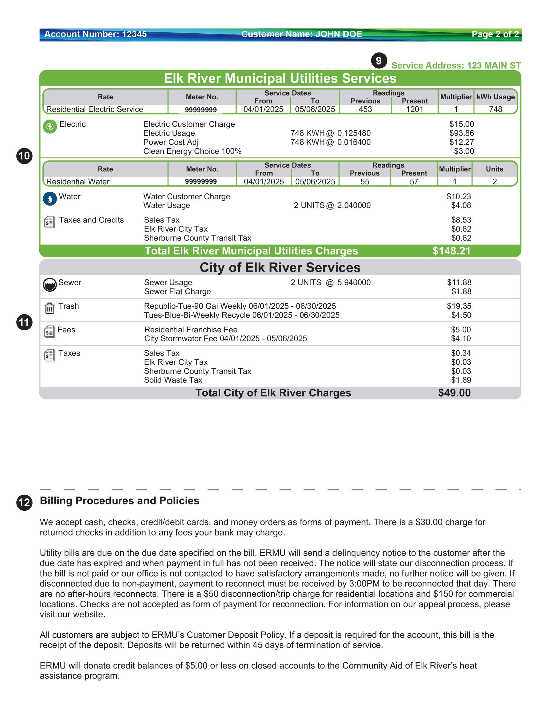 Utility bill from Elk River Municipal Utilities Services showing charges and payment details.