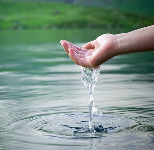 Hand cupping water, releasing a stream back into a lake.