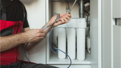 A plumber is fixing a water filter under a sink.