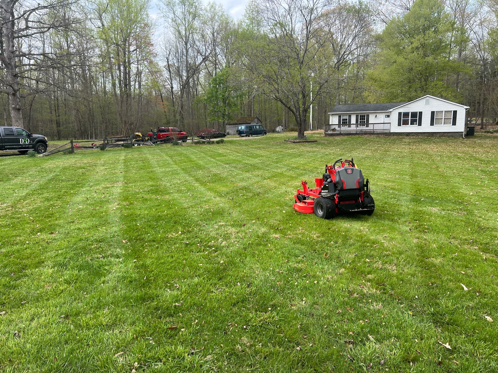 Lawn mowed with stripes, bordered by a stone path and lush greenery in a garden setting.