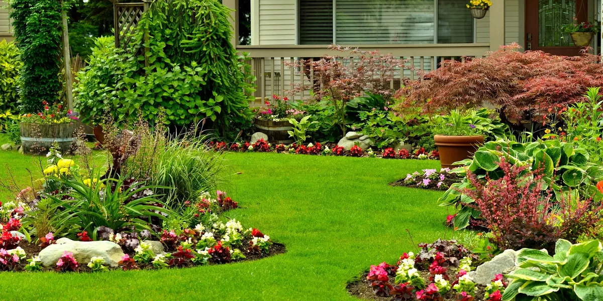 Lush green lawn with colorful flower beds in front of a house.