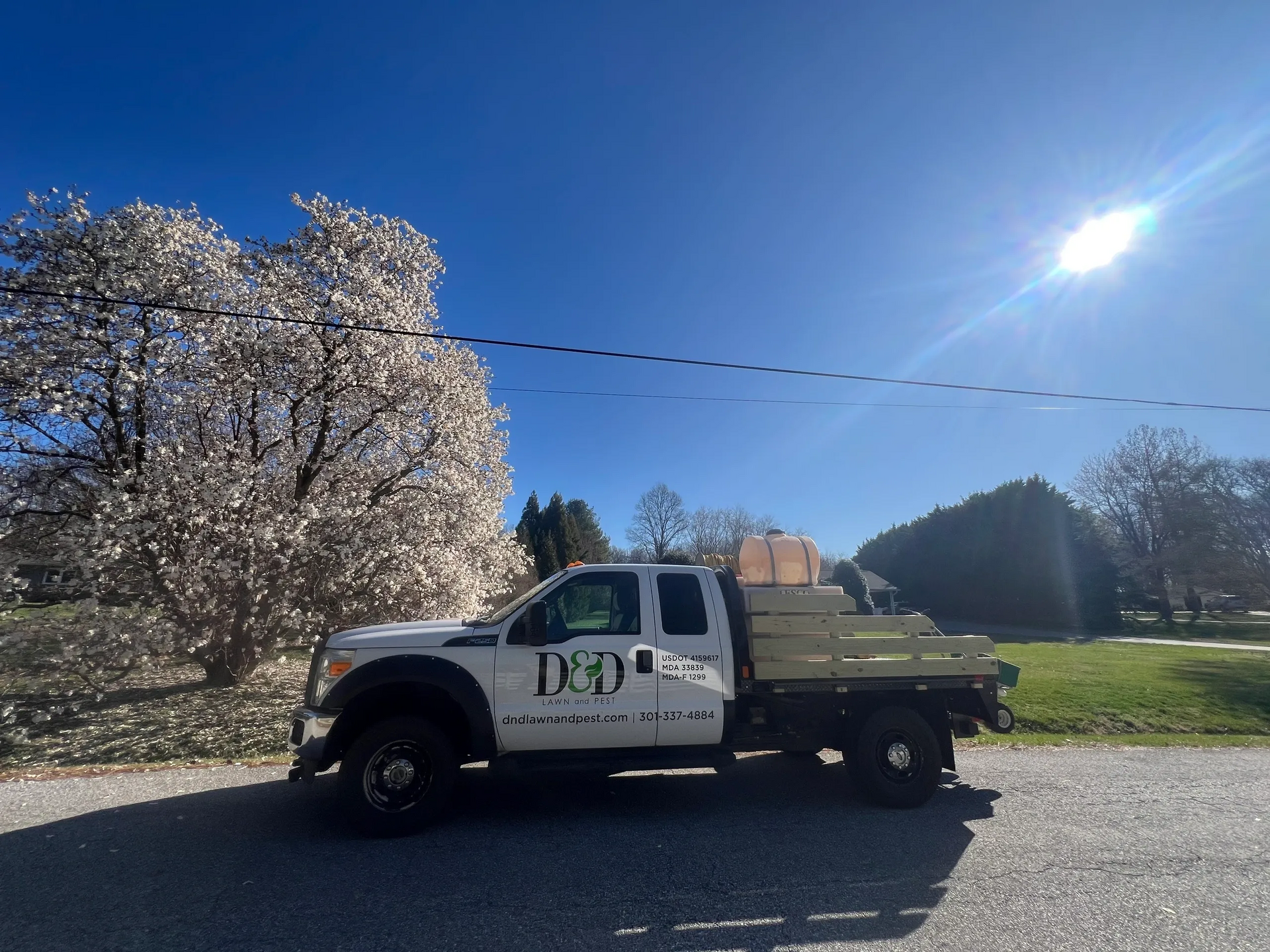 White work truck parked on a road beside a blooming tree on a sunny day.