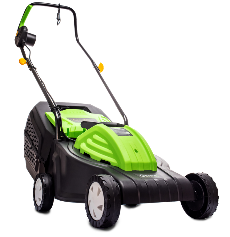 Black and green electric lawn mower on a white background.