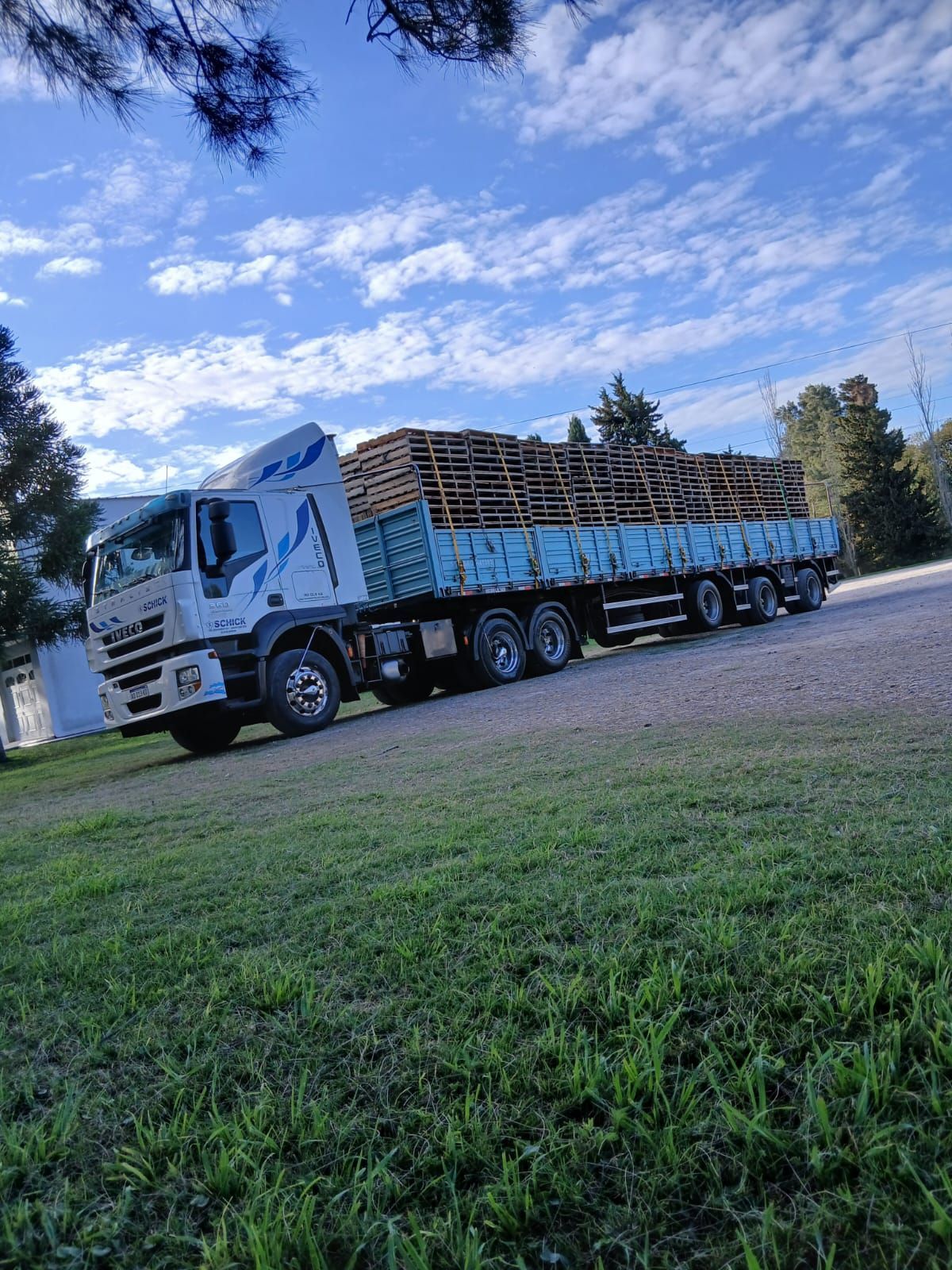 Un camión semirremolque blanco cargado con palés de madera apilados circula por una carretera.
