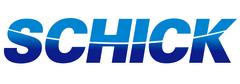 Logotipo azul de SCHICK sobre fondo blanco