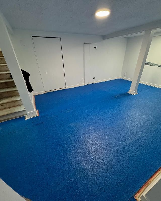 Empty room with bright blue carpet, white walls, closet doors, and a window