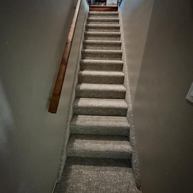 Narrow carpeted staircase with gray walls and a wooden handrail, viewed from the bottom up.