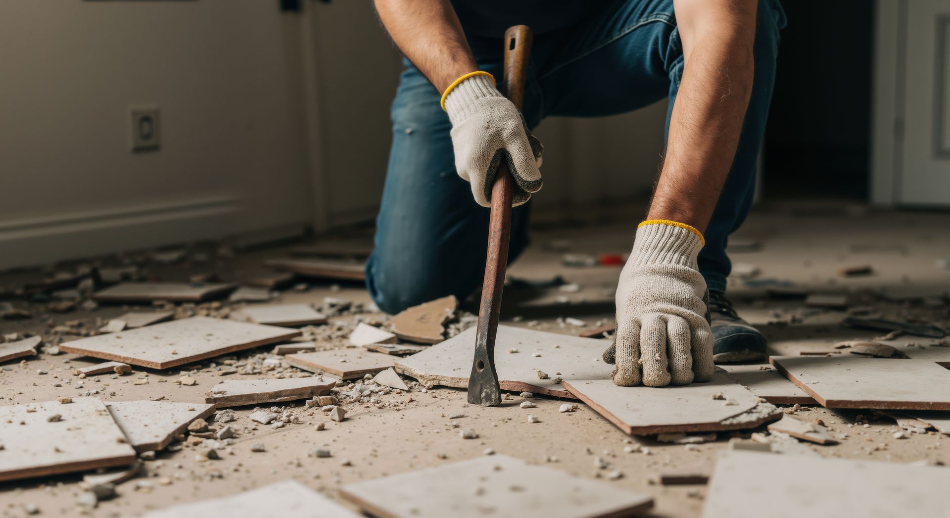 Worker kneeling on a dusty floor, prying up broken tiles during home renovation