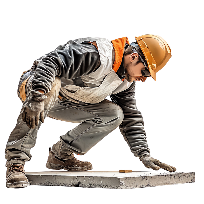 Construction worker crouching and smoothing concrete on a slab, wearing a hard hat and safety vest