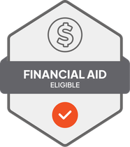 Badge: Financial Aid Eligible, blue banner, building icon, dollar sign.
