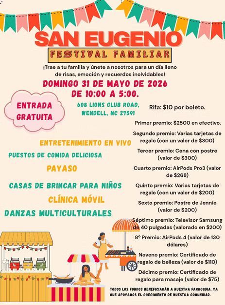 San Eugenio family festival poster with schedule, free entry, music, dance, games, and food stalls on a colorful background