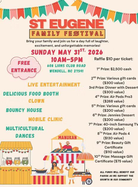 Steubenville Family Festival poster with activities, food booths, live entertainment, and a Sunday May 3, 2026 event time.