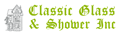 Logo for Classic Glass & Shower Inc with green decorative text and a small house graphic