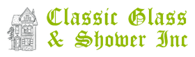Logo for Classic Glass & Shower Inc with green decorative text and a small house graphic
