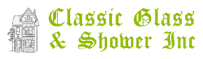 Logo for Classic Glass & Shower Inc with green decorative text and a small house graphic