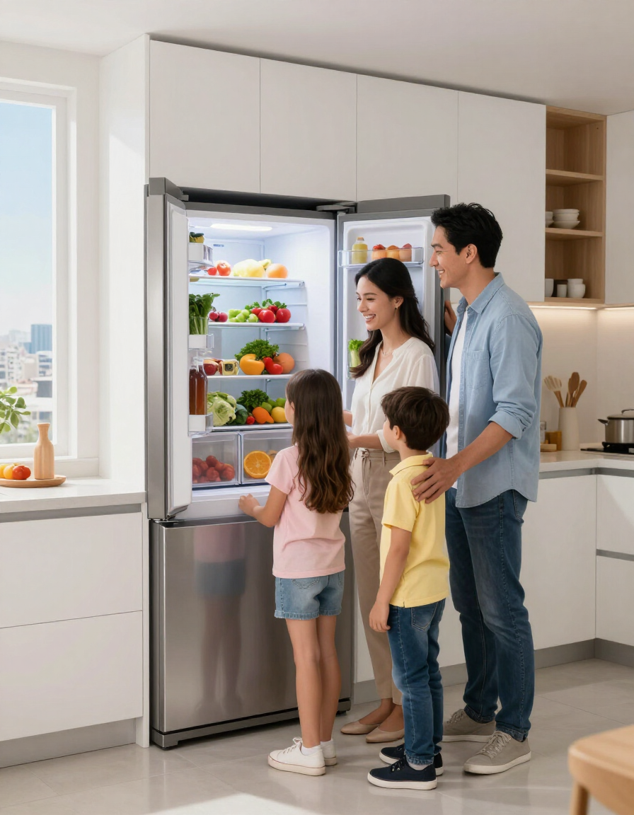 Familia latina con lavadora funcionando correctamente