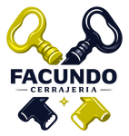 Logotipo de Facundo Cerrajería con iconos de llave amarillos y azul marino sobre texto en negrita