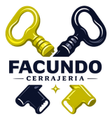Logotipo de Facundo Cerrajería con iconos de llave amarillos y azul marino sobre texto en negrita