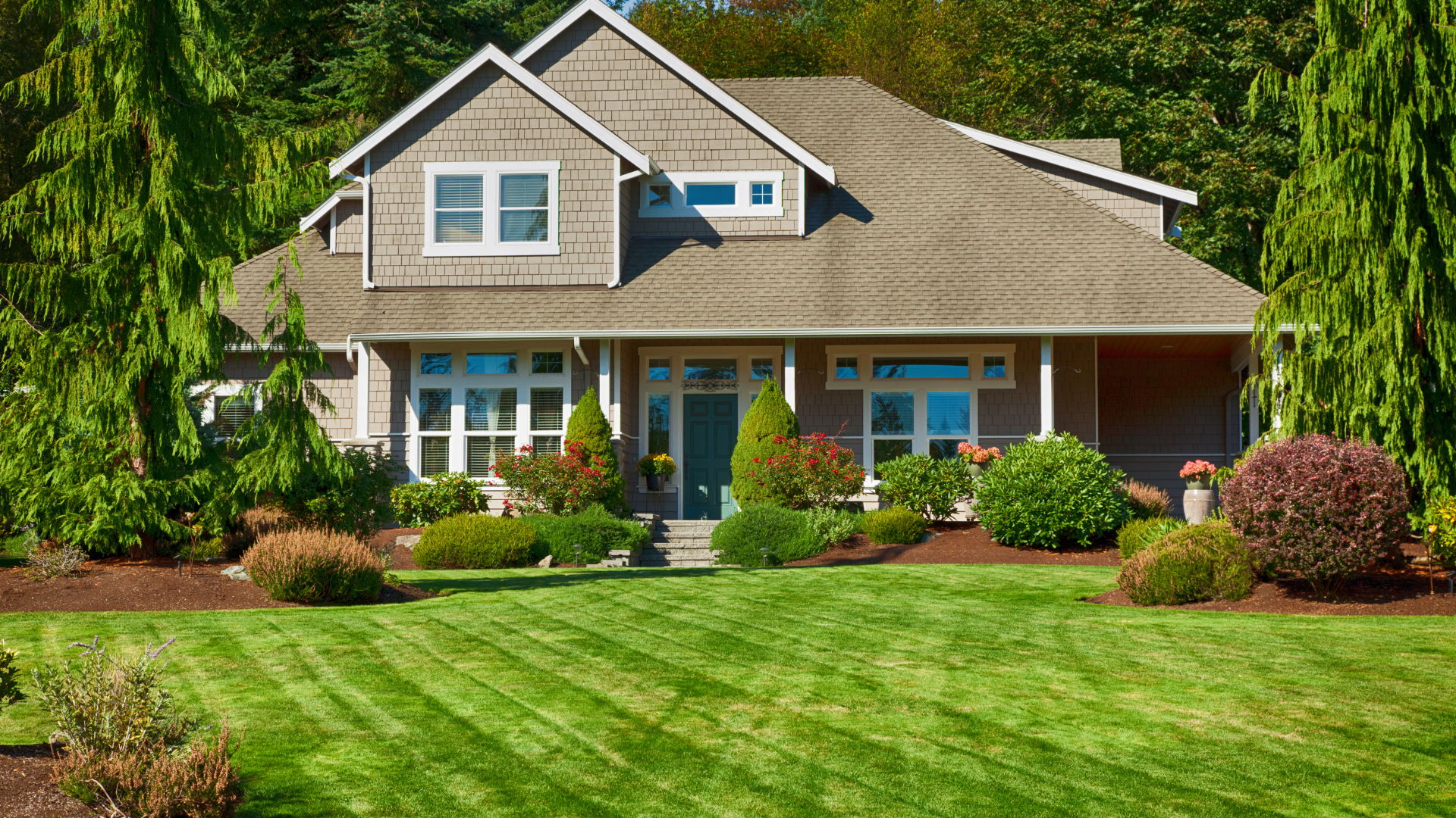 Freshly maintained lawn with clean mowing lines and edging