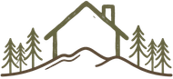 Minimal house outline with pine trees and hills in brown line art