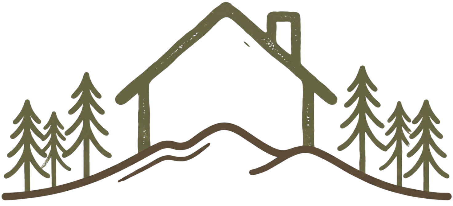 Minimal house outline with pine trees and hills in brown line art