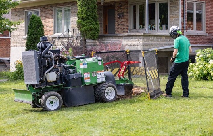 Two workers using lawn equipment on a grassy yard beside a brick house.