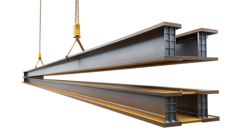 Two Steel I-Beams Suspended By A Crane