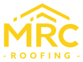 MRC Roofing logo in gold with stylized roof line above the letters